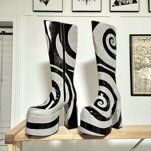 Dolls Kill black and silver rhinestone swirly platform boots